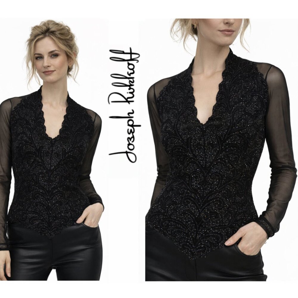 Joseph Ribkoff Black Lace Blouse Beaded Sheer Sleeve Fitted 4 Chic Evening